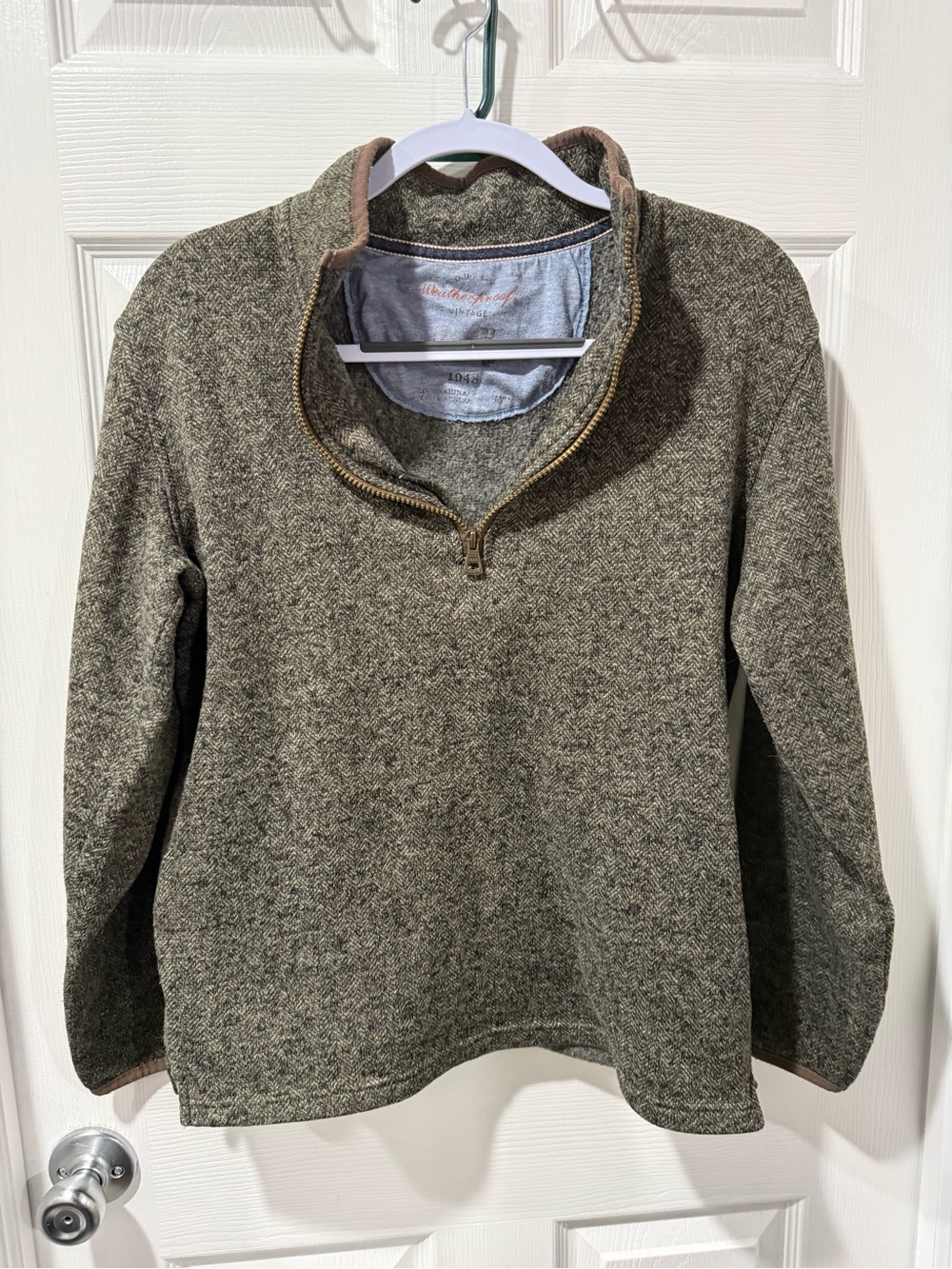 Weatherproof Olive Green Brown Herringbone Quarter-Zip Pullover
